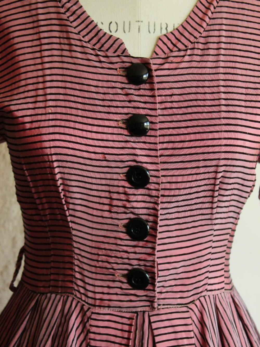 Vintage 1940s Dress, Dolly Myers Inc Pink and Black Striped Silk New Look, Full - Picture 4 of 16
